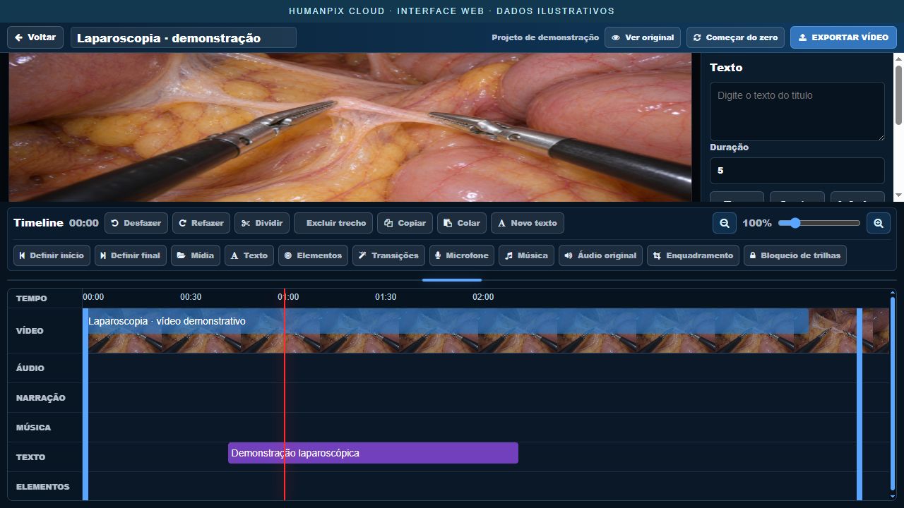 Layout original do editor web HumanPix, renderizado localmente com timeline demonstrativa e cena laparoscópica ilustrativa