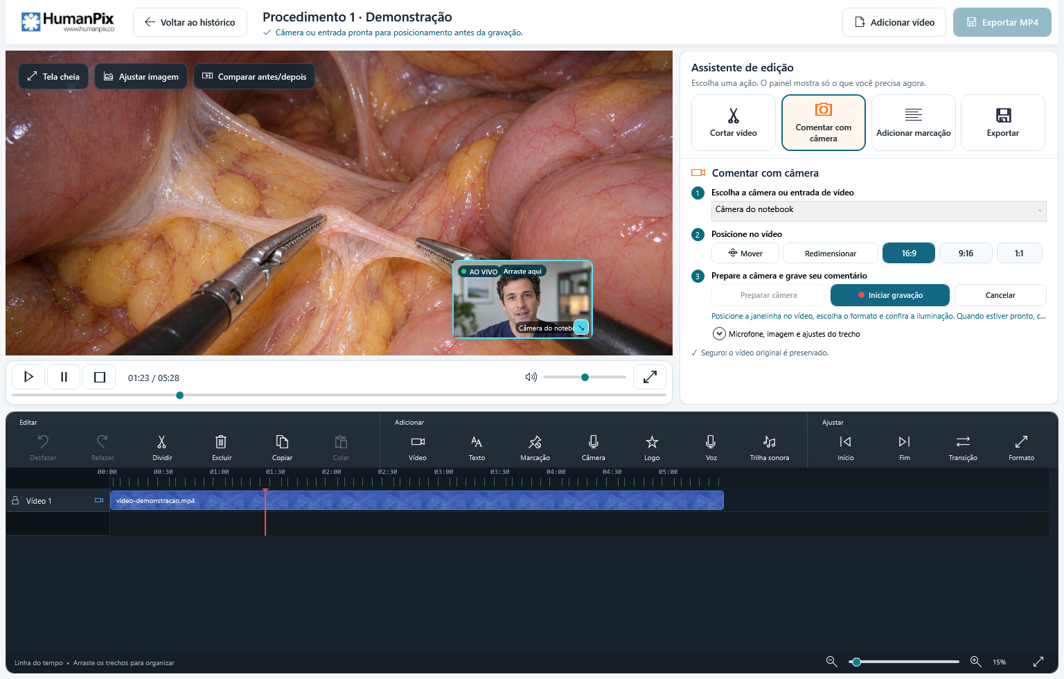 Editor HumanPix para Windows com procedimento laparoscópico e apresentador fictício em uma janela PiP sobre o vídeo