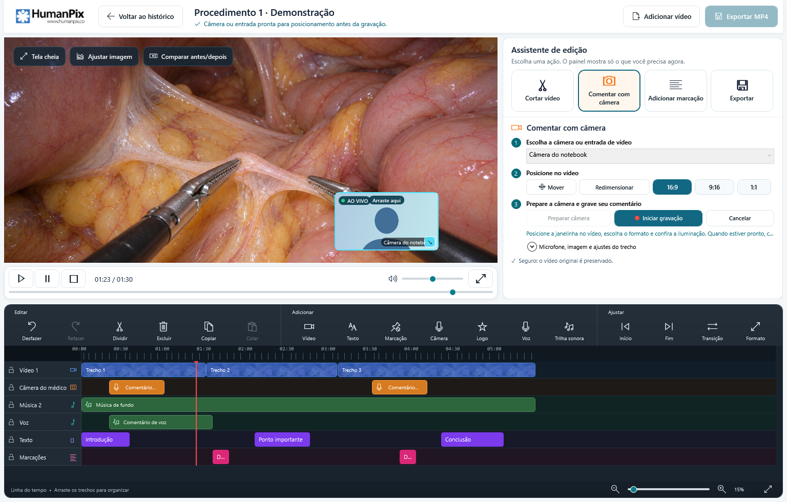 Interface real do editor HumanPix com timeline, múltiplas trilhas e painel de ferramentas, preenchida com dados demonstrativos