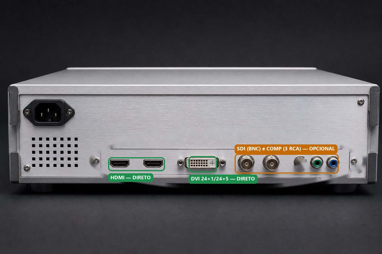 Traseira de processadora de vídeo com HDMI, DVI, BNC SDI e três RCA, destacando o bloco de saída de vídeo